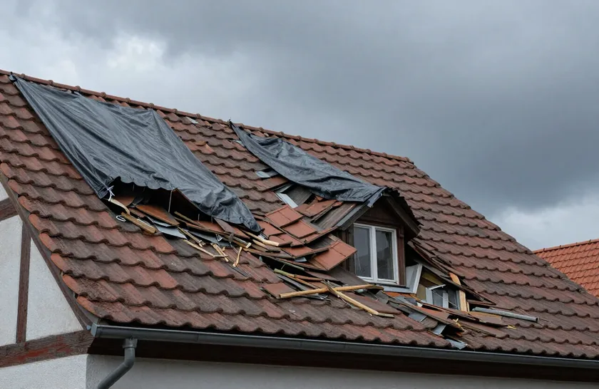 Beschädigte Dachdeckung nach einem Sturm