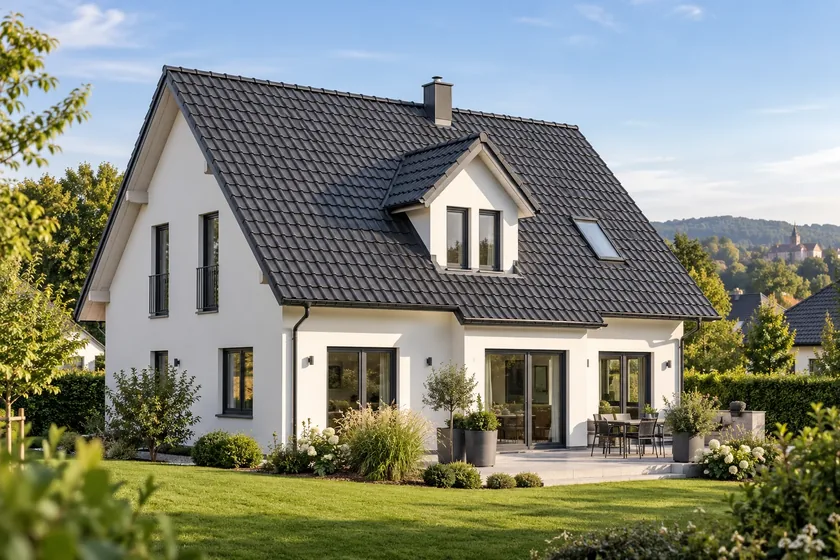 Einfamilienhaus mit anthrazitfarbenem Ziegeldach – Symbolbild